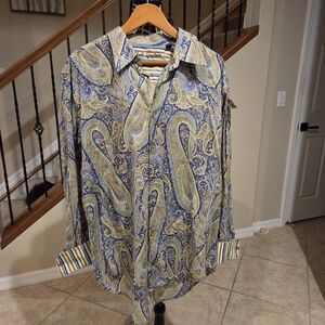 Robert Graham Men's Paisley Shirt in Blue and Yellow Beautiful 2XL